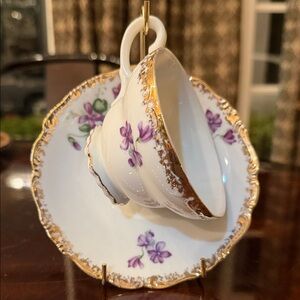 Source Unknown Purple Floral Gold-Edged Teacup and Saucer